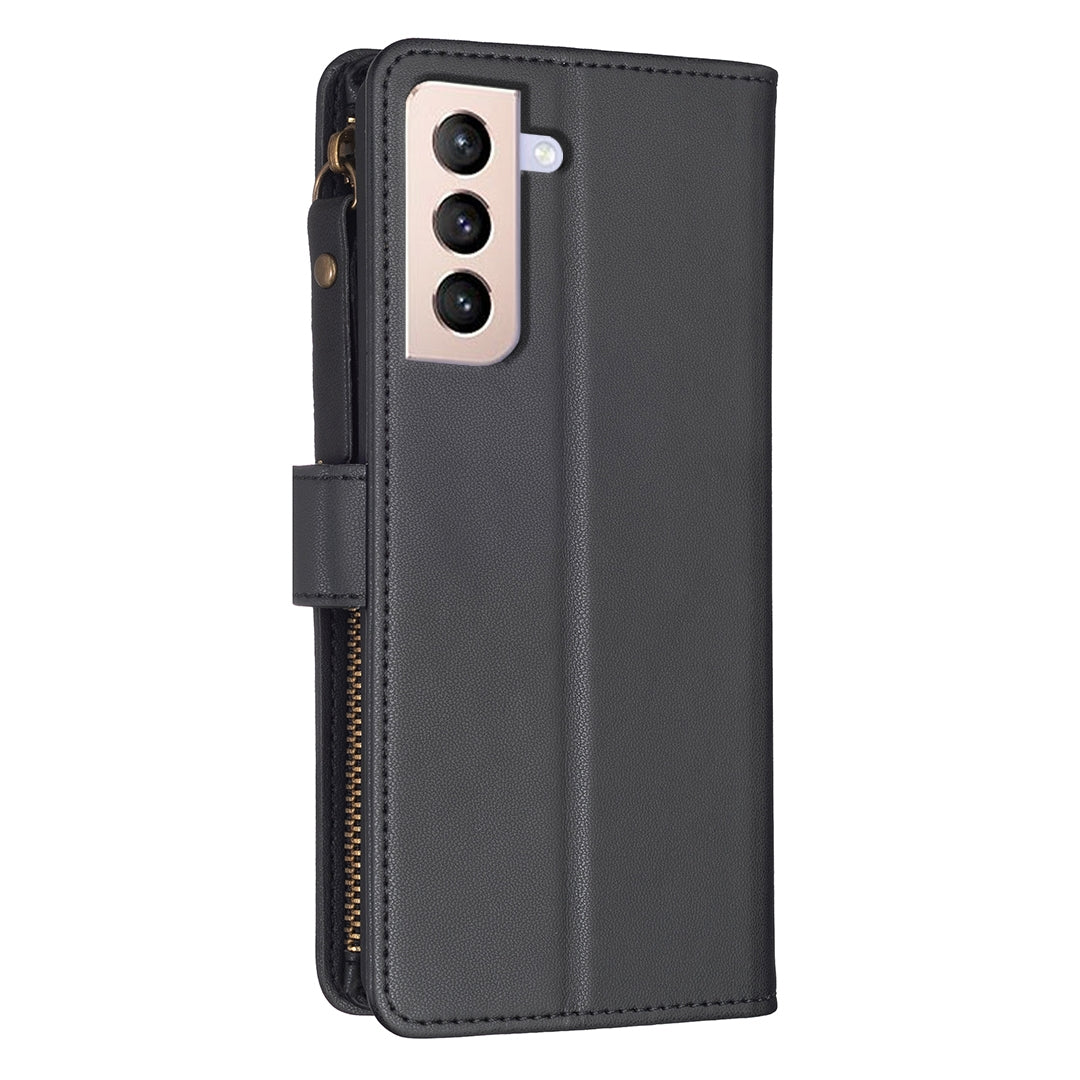 Samsung Galaxy S21+ 5G Leather Flip Wallet Phone Case with 9 Card Slots, Zipper Compartment, and Adjustable Stand