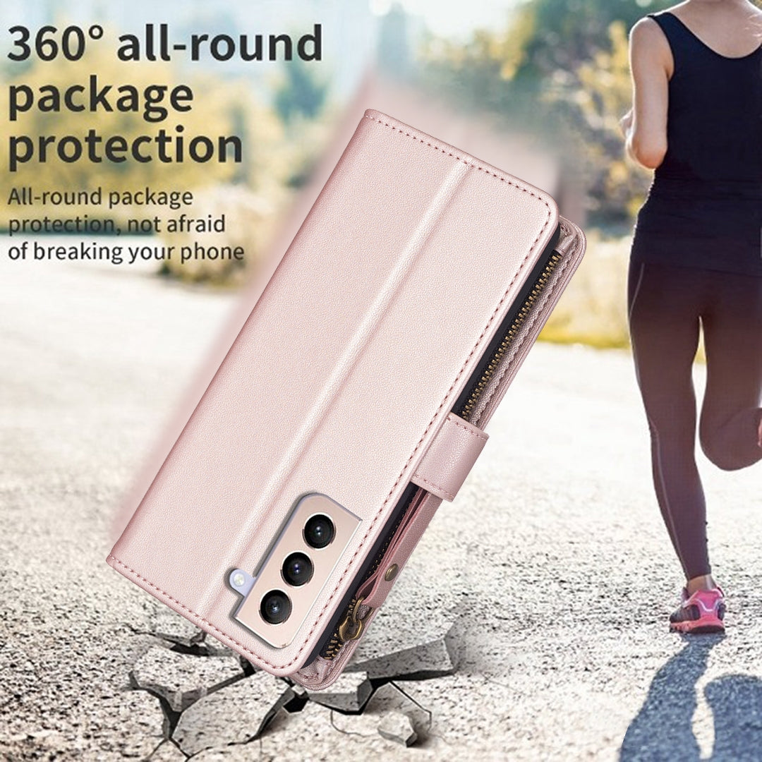 Samsung Galaxy S21+ 5G Leather Flip Wallet Phone Case with 9 Card Slots, Zipper Compartment, and Adjustable Stand