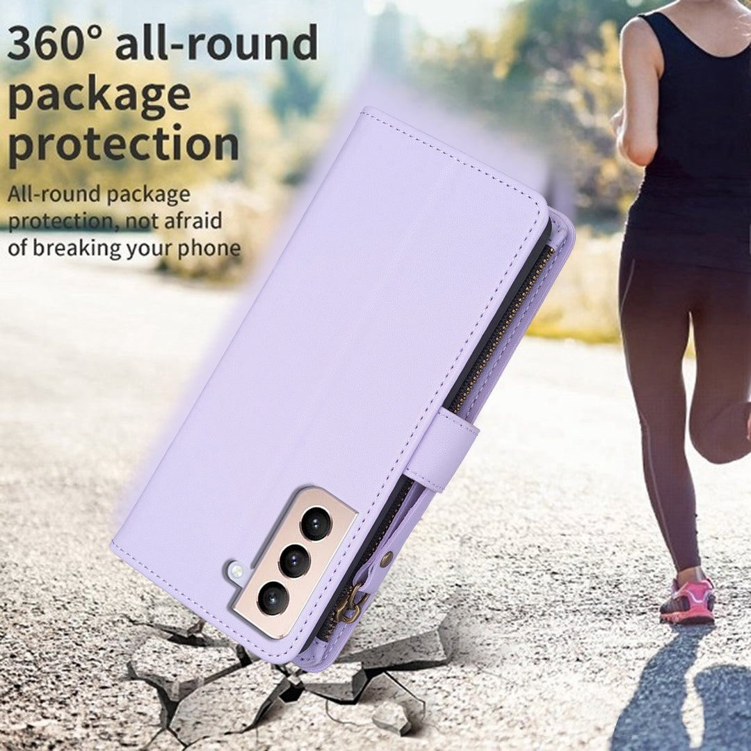 Samsung Galaxy S21+ 5G Leather Flip Wallet Phone Case with 9 Card Slots, Zipper Compartment, and Adjustable Stand