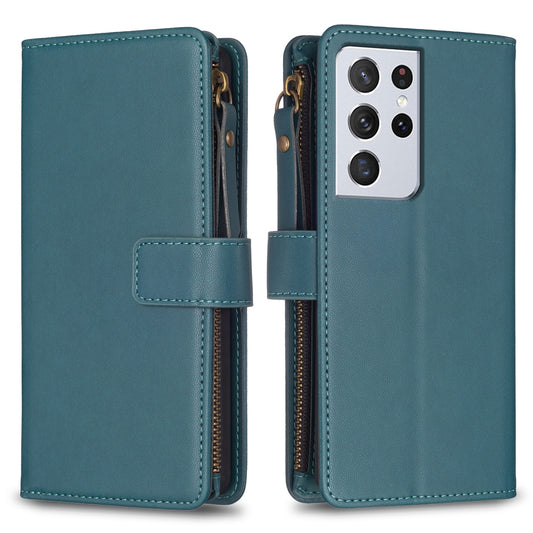 Samsung Galaxy S21 Ultra 5G Leather Flip Wallet Phone Case with 9 Card Slots, Zipper Compartment, and Adjustable Stand