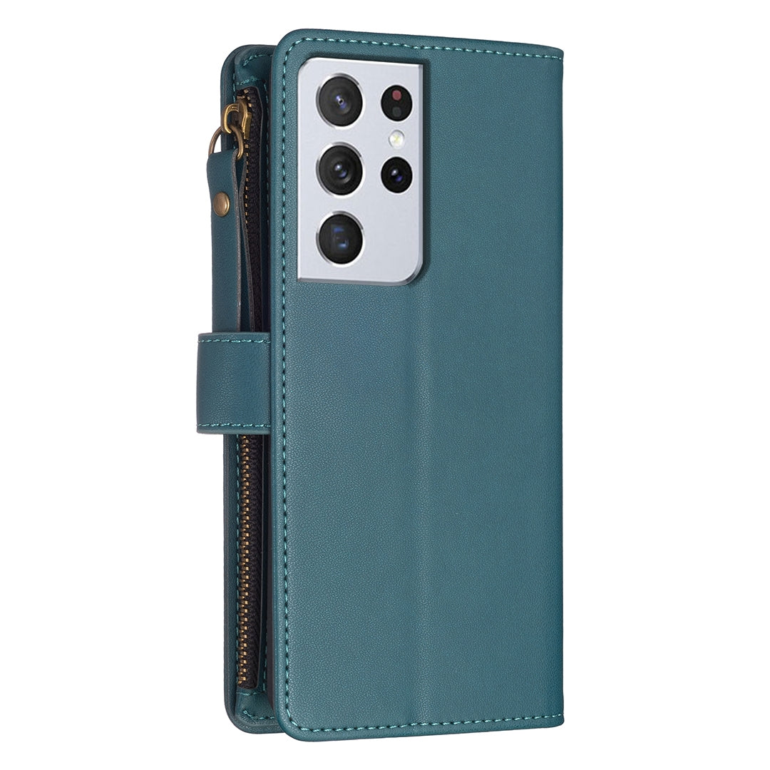 Samsung Galaxy S21 Ultra 5G Leather Flip Wallet Phone Case with 9 Card Slots, Zipper Compartment, and Adjustable Stand