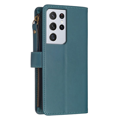 Samsung Galaxy S21 Ultra 5G Leather Flip Wallet Phone Case with 9 Card Slots, Zipper Compartment, and Adjustable Stand