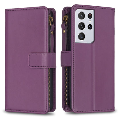 Samsung Galaxy S21 Ultra 5G Leather Flip Wallet Phone Case with 9 Card Slots, Zipper Compartment, and Adjustable Stand