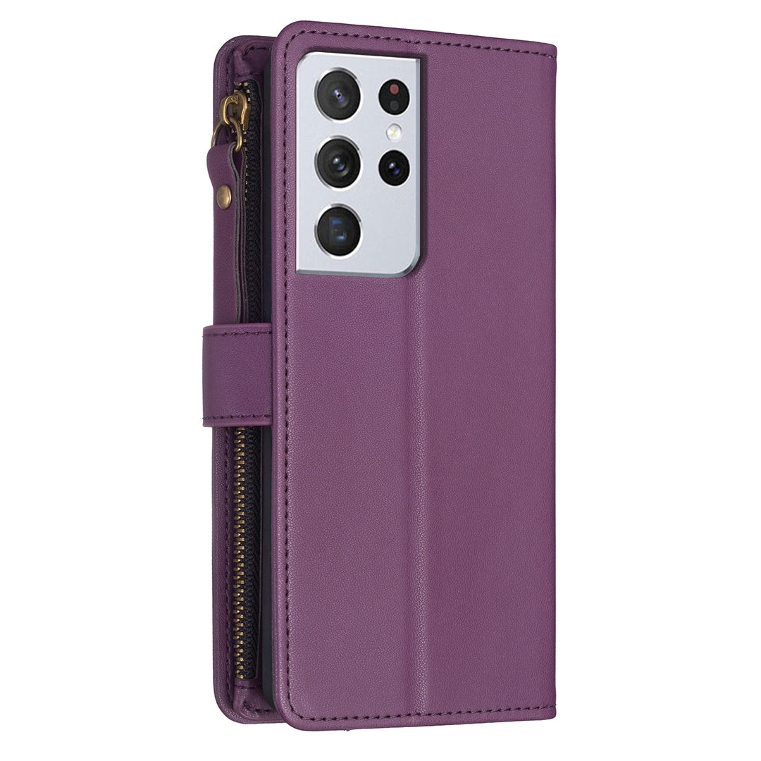 Samsung Galaxy S21 Ultra 5G Leather Flip Wallet Phone Case with 9 Card Slots, Zipper Compartment, and Adjustable Stand