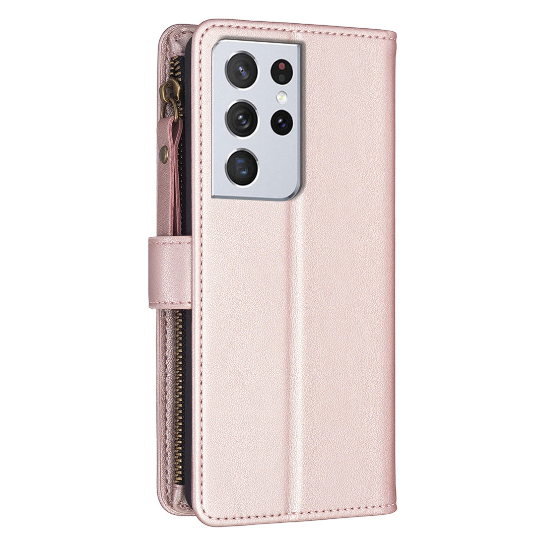 Samsung Galaxy S21 Ultra 5G Leather Flip Wallet Phone Case with 9 Card Slots, Zipper Compartment, and Adjustable Stand