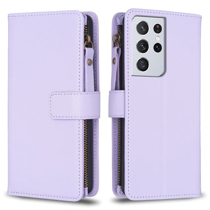 Samsung Galaxy S21 Ultra 5G Leather Flip Wallet Phone Case with 9 Card Slots, Zipper Compartment, and Adjustable Stand