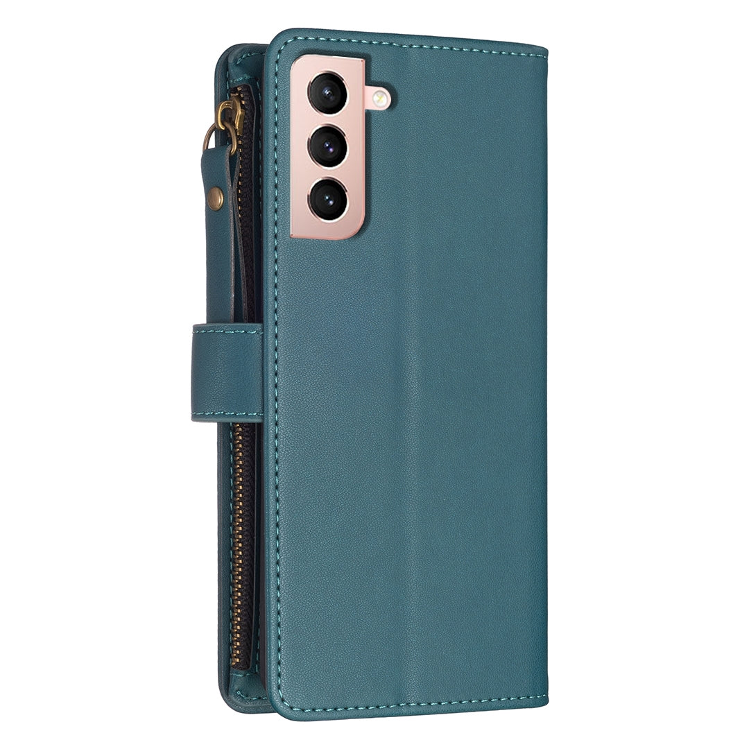 Samsung Galaxy S21 5G Leather Flip Wallet Phone Case with 9 Card Slots, Zipper Compartment, and Adjustable Stand