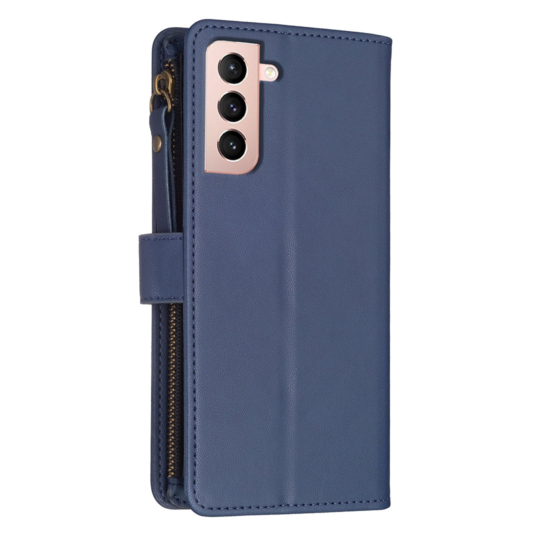 Samsung Galaxy S21 5G Leather Flip Wallet Phone Case with 9 Card Slots, Zipper Compartment, and Adjustable Stand