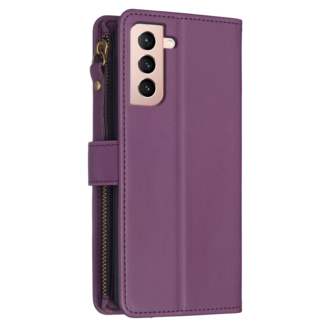 Samsung Galaxy S21 5G Leather Flip Wallet Phone Case with 9 Card Slots, Zipper Compartment, and Adjustable Stand