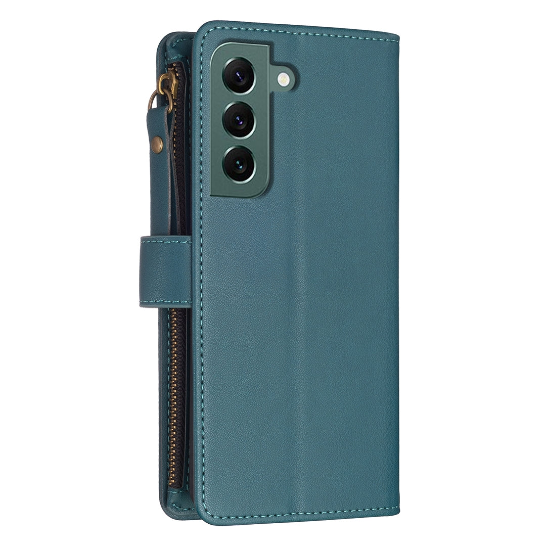 Samsung Galaxy S22+ 5G Leather Flip Wallet Phone Case with 9 Card Slots, Zipper Compartment, and Adjustable Stand