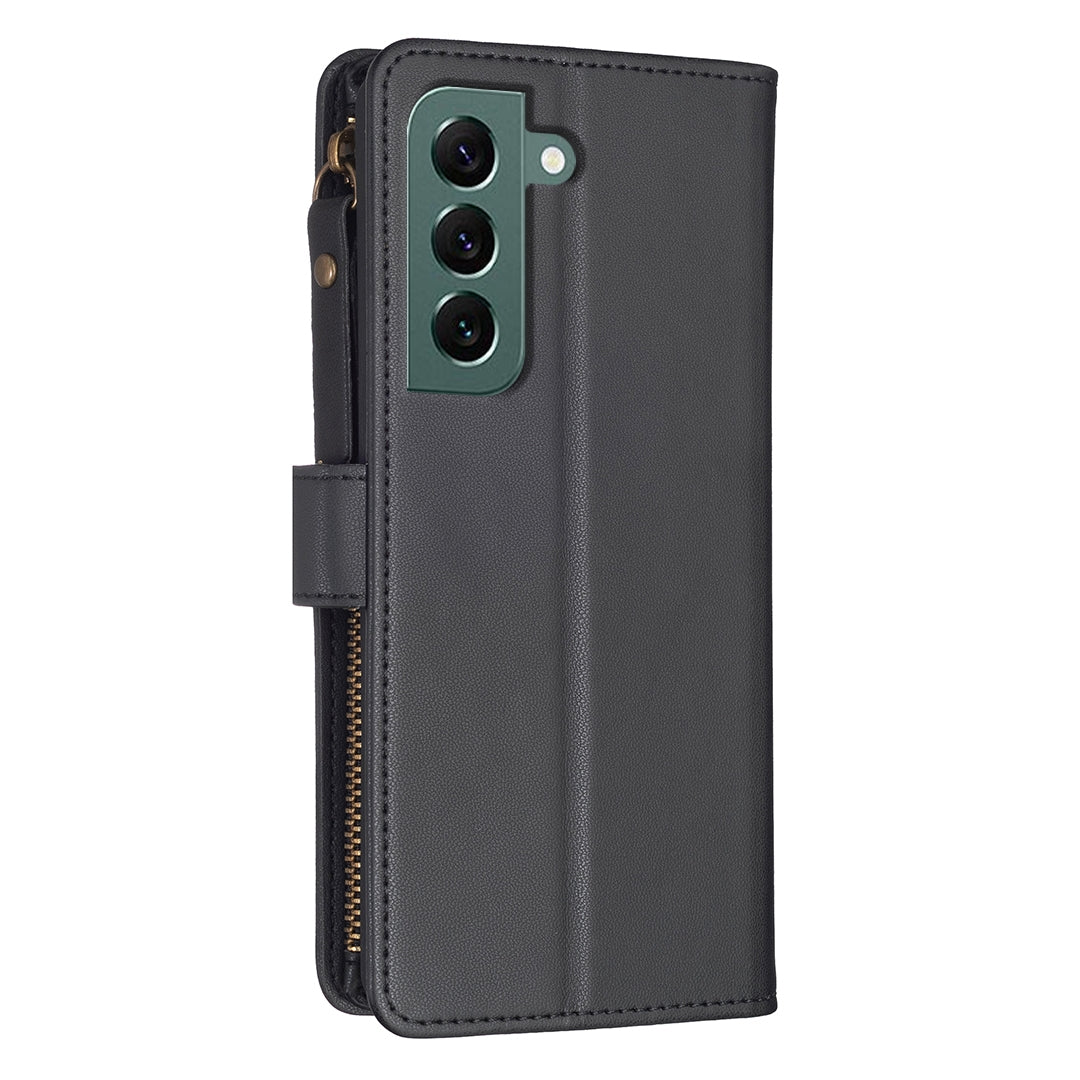 Samsung Galaxy S22+ 5G Leather Flip Wallet Phone Case with 9 Card Slots, Zipper Compartment, and Adjustable Stand