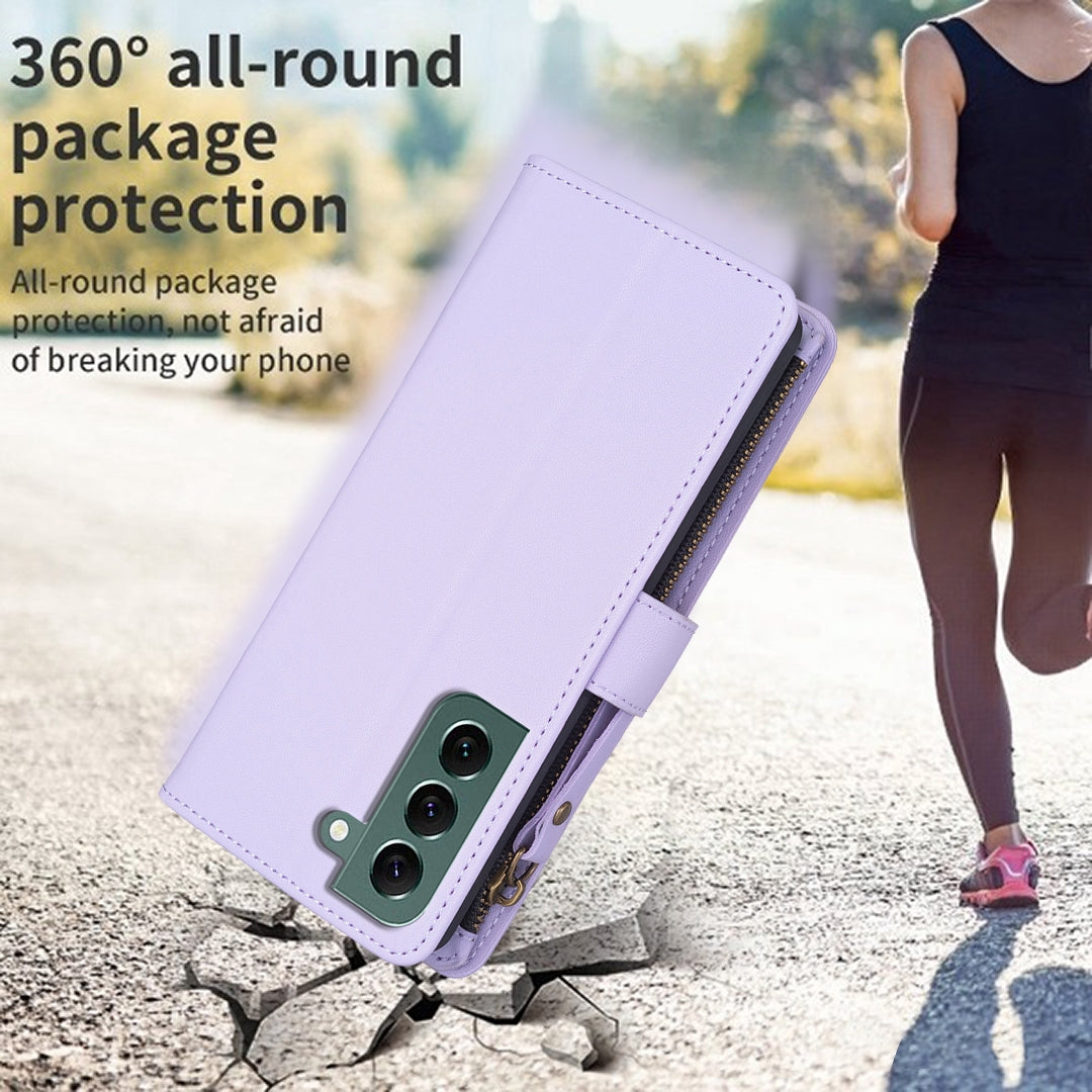 Samsung Galaxy S22+ 5G Leather Flip Wallet Phone Case with 9 Card Slots, Zipper Compartment, and Adjustable Stand