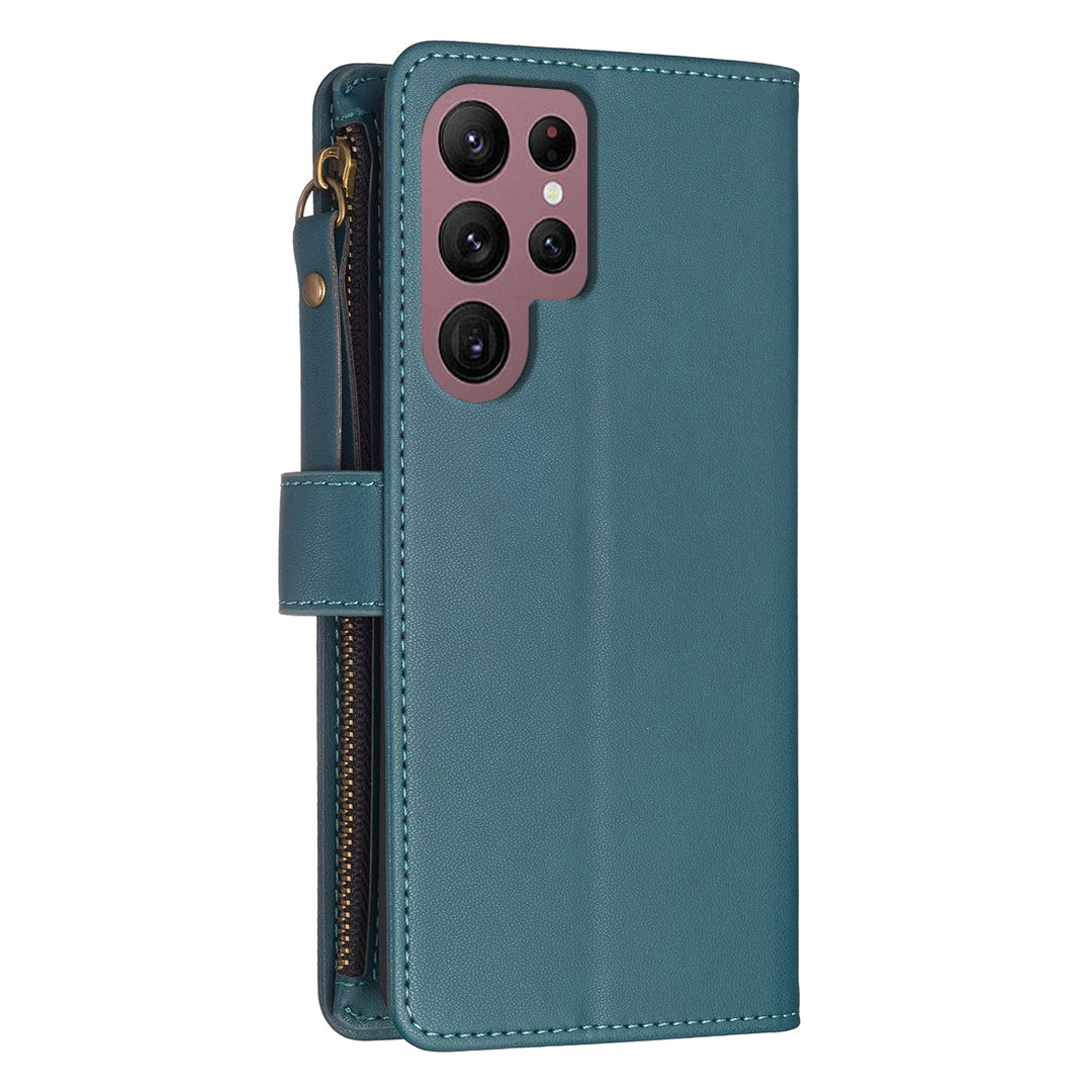 Samsung Galaxy S22 Ultra 5G Leather Flip Wallet Phone Case with 9 Card Slots, Zipper Compartment, and Adjustable Stand