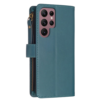Samsung Galaxy S22 Ultra 5G Leather Flip Wallet Phone Case with 9 Card Slots, Zipper Compartment, and Adjustable Stand