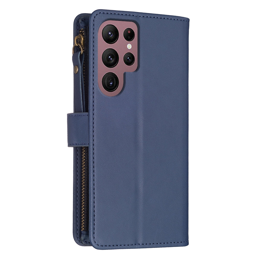 Samsung Galaxy S22 Ultra 5G Leather Flip Wallet Phone Case with 9 Card Slots, Zipper Compartment, and Adjustable Stand