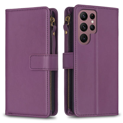 Samsung Galaxy S22 Ultra 5G Leather Flip Wallet Phone Case with 9 Card Slots, Zipper Compartment, and Adjustable Stand