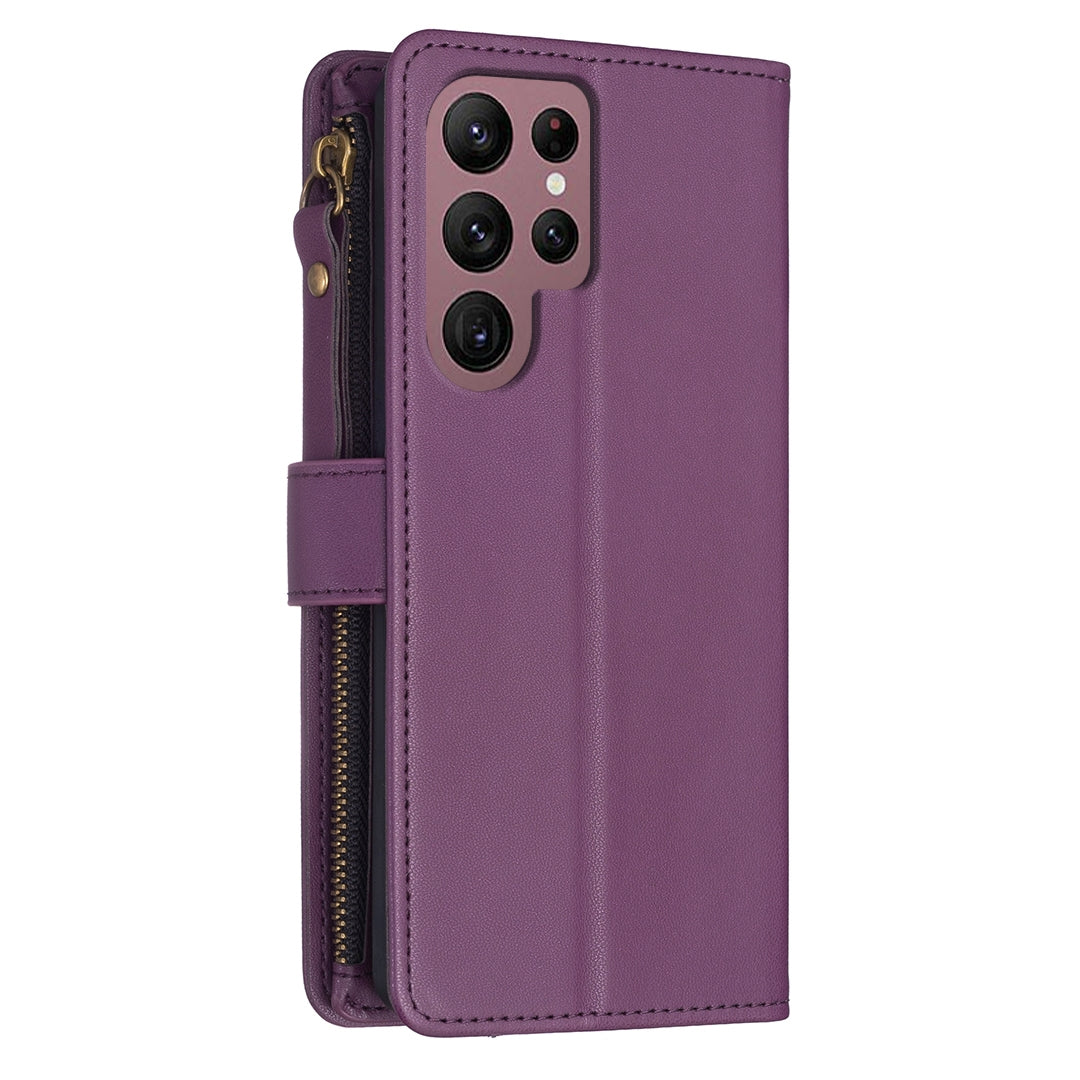 Samsung Galaxy S22 Ultra 5G Leather Flip Wallet Phone Case with 9 Card Slots, Zipper Compartment, and Adjustable Stand