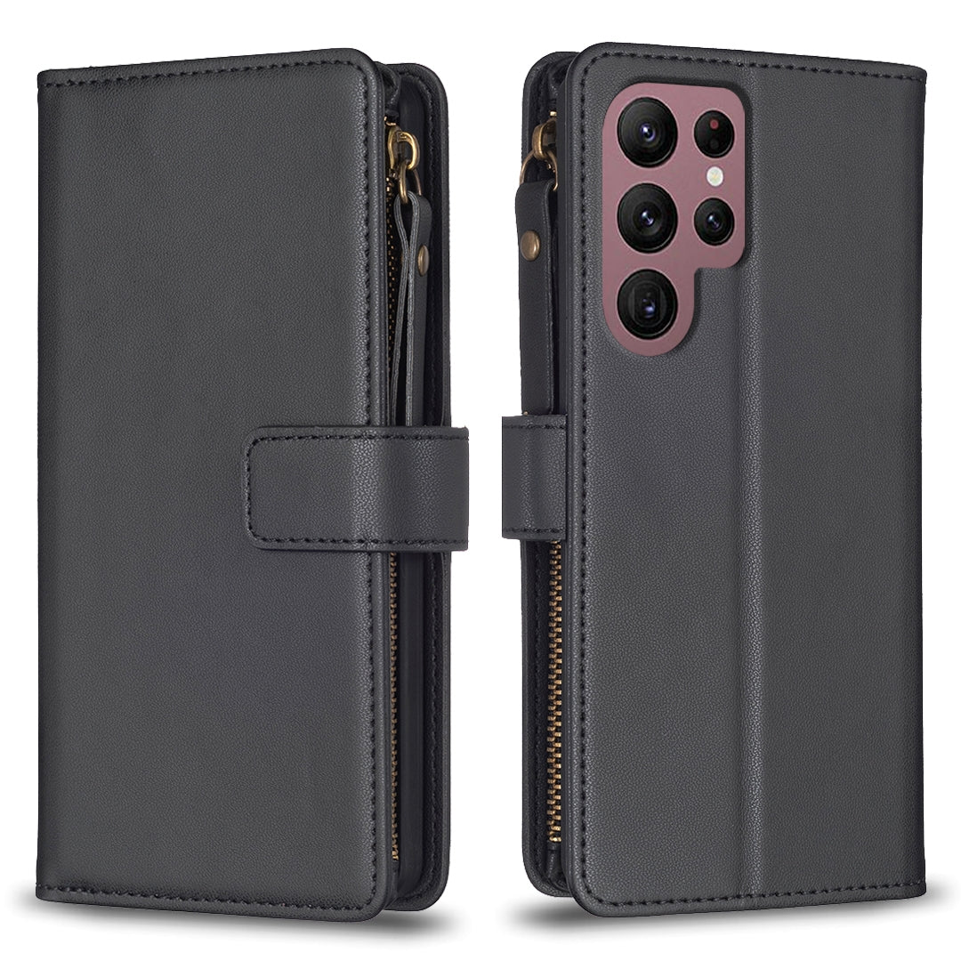 Samsung Galaxy S22 Ultra 5G Leather Flip Wallet Phone Case with 9 Card Slots, Zipper Compartment, and Adjustable Stand
