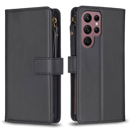 Samsung Galaxy S22 Ultra 5G Leather Flip Wallet Phone Case with 9 Card Slots, Zipper Compartment, and Adjustable Stand