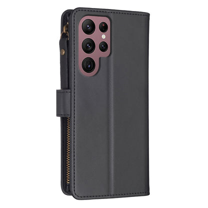 Samsung Galaxy S22 Ultra 5G Leather Flip Wallet Phone Case with 9 Card Slots, Zipper Compartment, and Adjustable Stand