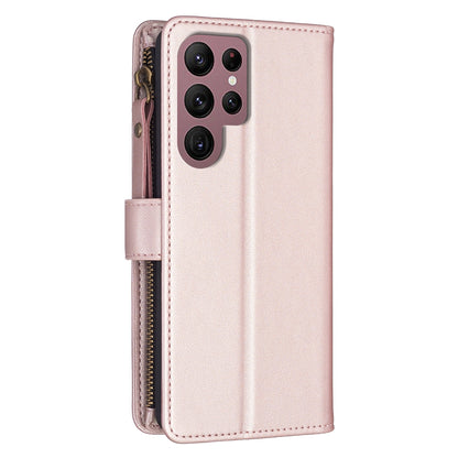 Samsung Galaxy S22 Ultra 5G Leather Flip Wallet Phone Case with 9 Card Slots, Zipper Compartment, and Adjustable Stand