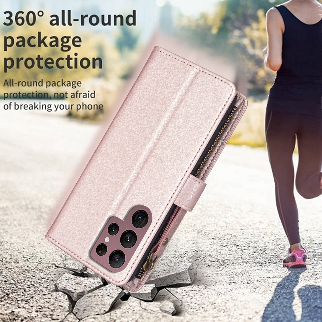 Samsung Galaxy S22 Ultra 5G Leather Flip Wallet Phone Case with 9 Card Slots, Zipper Compartment, and Adjustable Stand