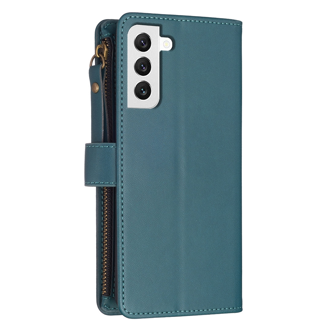 Samsung Galaxy S22 5G Leather Flip Wallet Phone Case with 9 Card Slots, Zipper Compartment, and Adjustable Stand