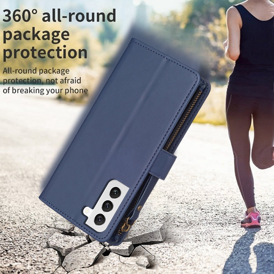 Samsung Galaxy S22 5G Leather Flip Wallet Phone Case with 9 Card Slots, Zipper Compartment, and Adjustable Stand