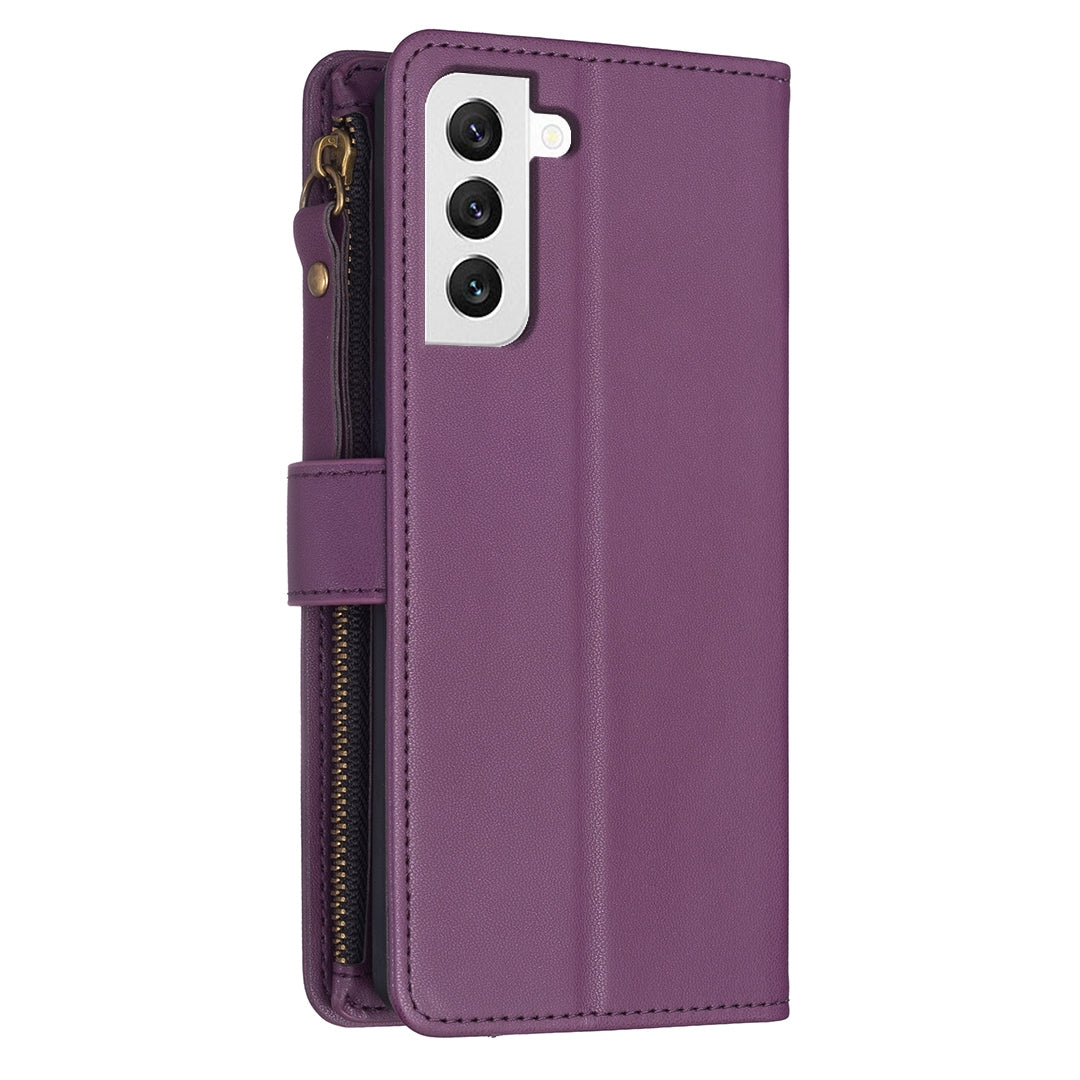 Samsung Galaxy S22 5G Leather Flip Wallet Phone Case with 9 Card Slots, Zipper Compartment, and Adjustable Stand