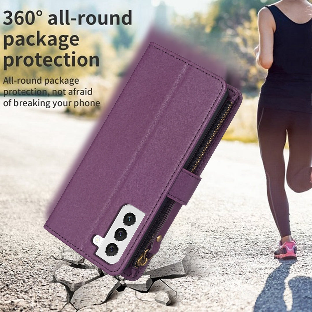 Samsung Galaxy S22 5G Leather Flip Wallet Phone Case with 9 Card Slots, Zipper Compartment, and Adjustable Stand