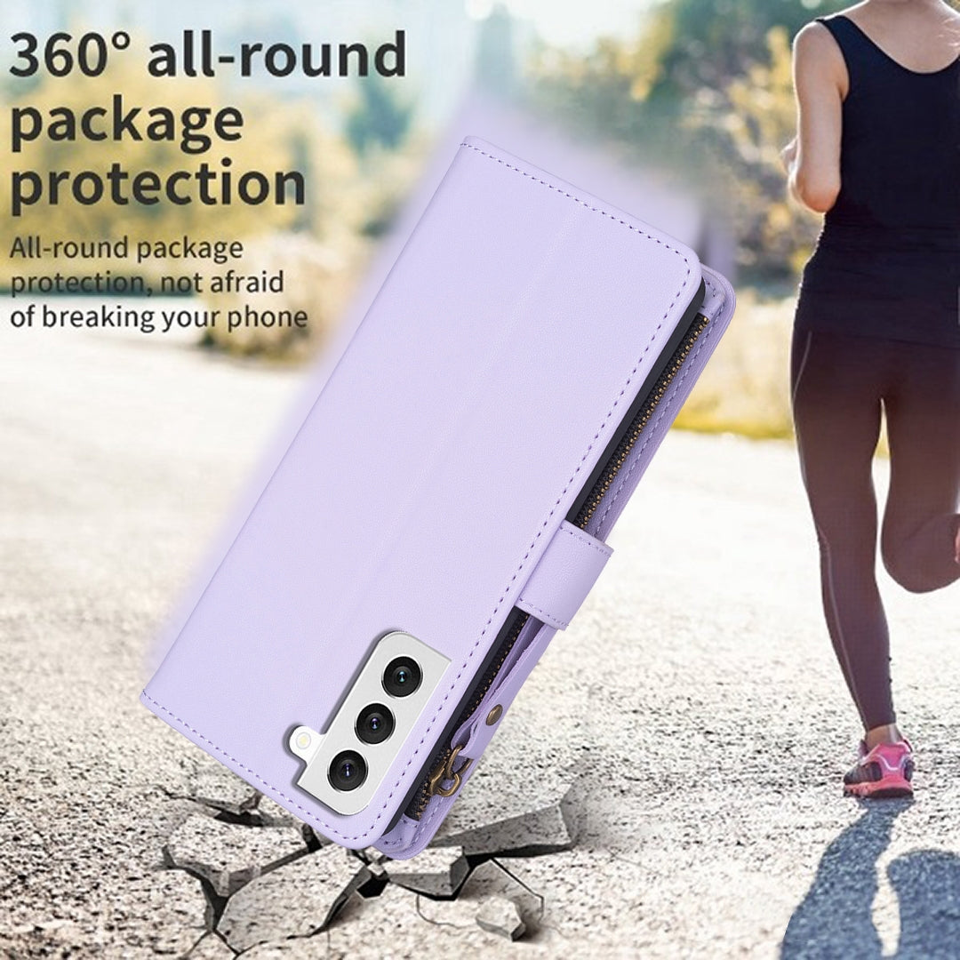 Samsung Galaxy S22 5G Leather Flip Wallet Phone Case with 9 Card Slots, Zipper Compartment, and Adjustable Stand