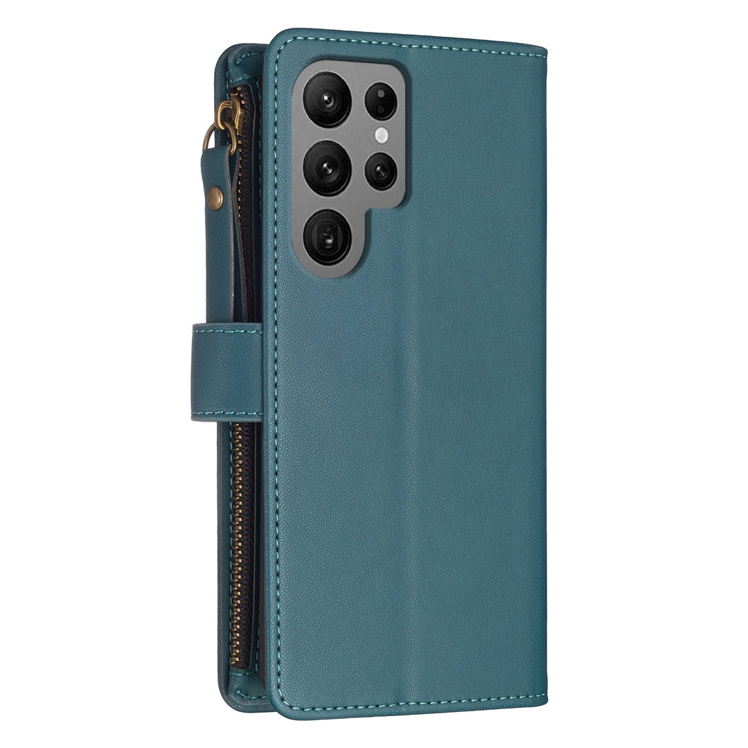 Samsung Galaxy S23 Ultra 5G Leather Flip Wallet Phone Case with 9 Card Slots, Zipper Compartment, and Adjustable Stand