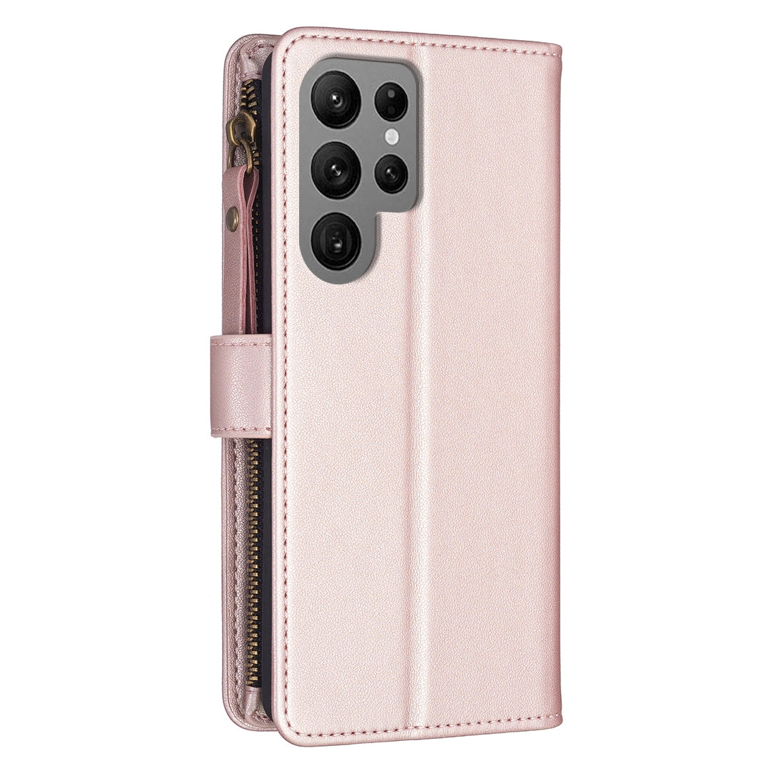 Samsung Galaxy S23 Ultra 5G Leather Flip Wallet Phone Case with 9 Card Slots, Zipper Compartment, and Adjustable Stand