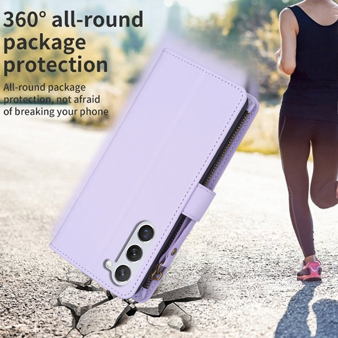 Samsung Galaxy S23 5G Leather Flip Wallet Phone Case with 9 Card Slots, Zipper Compartment, and Adjustable Stand