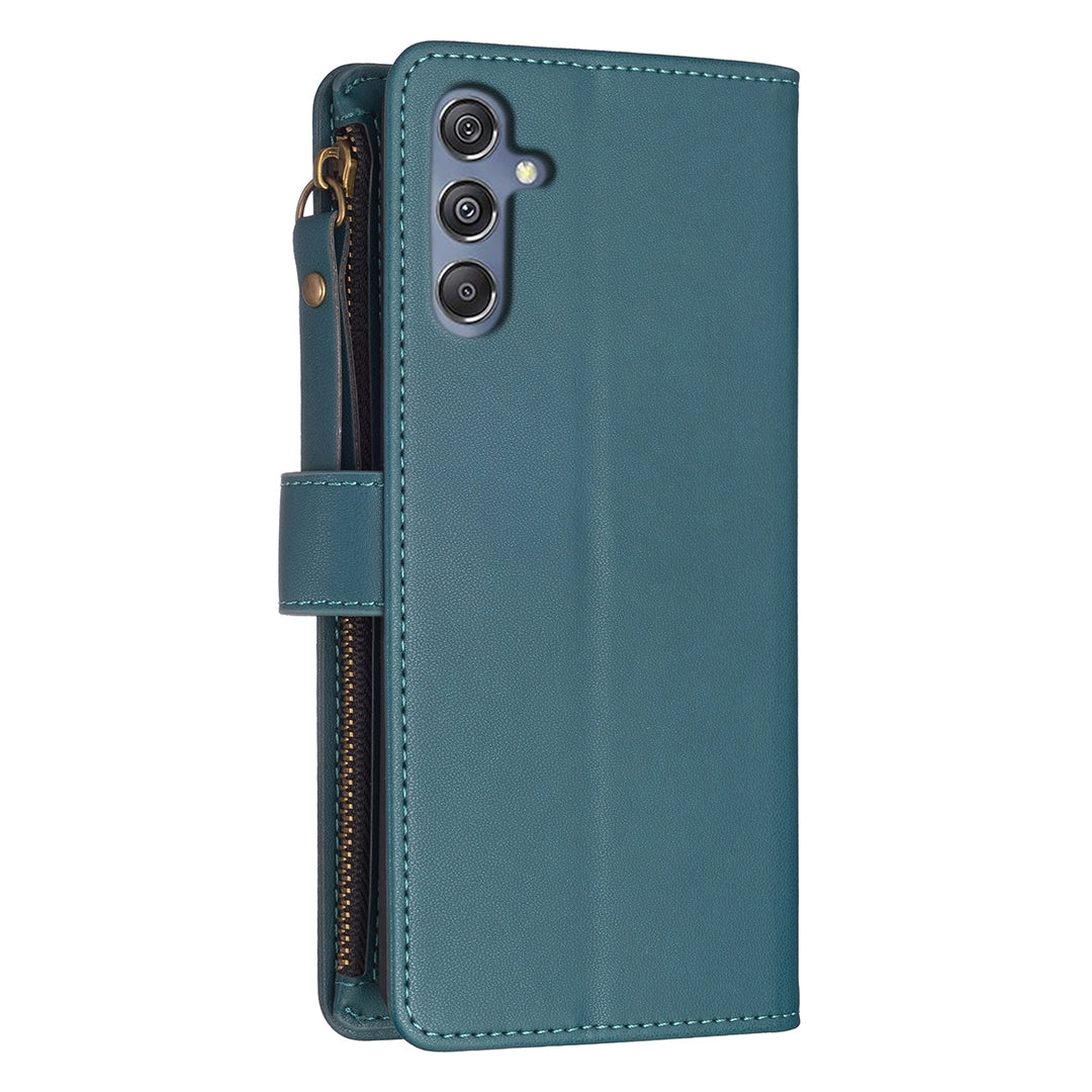 Samsung Galaxy M34 5G Leather Flip Wallet Phone Case with 9 Card Slots, Zipper Compartment, and Adjustable Stand