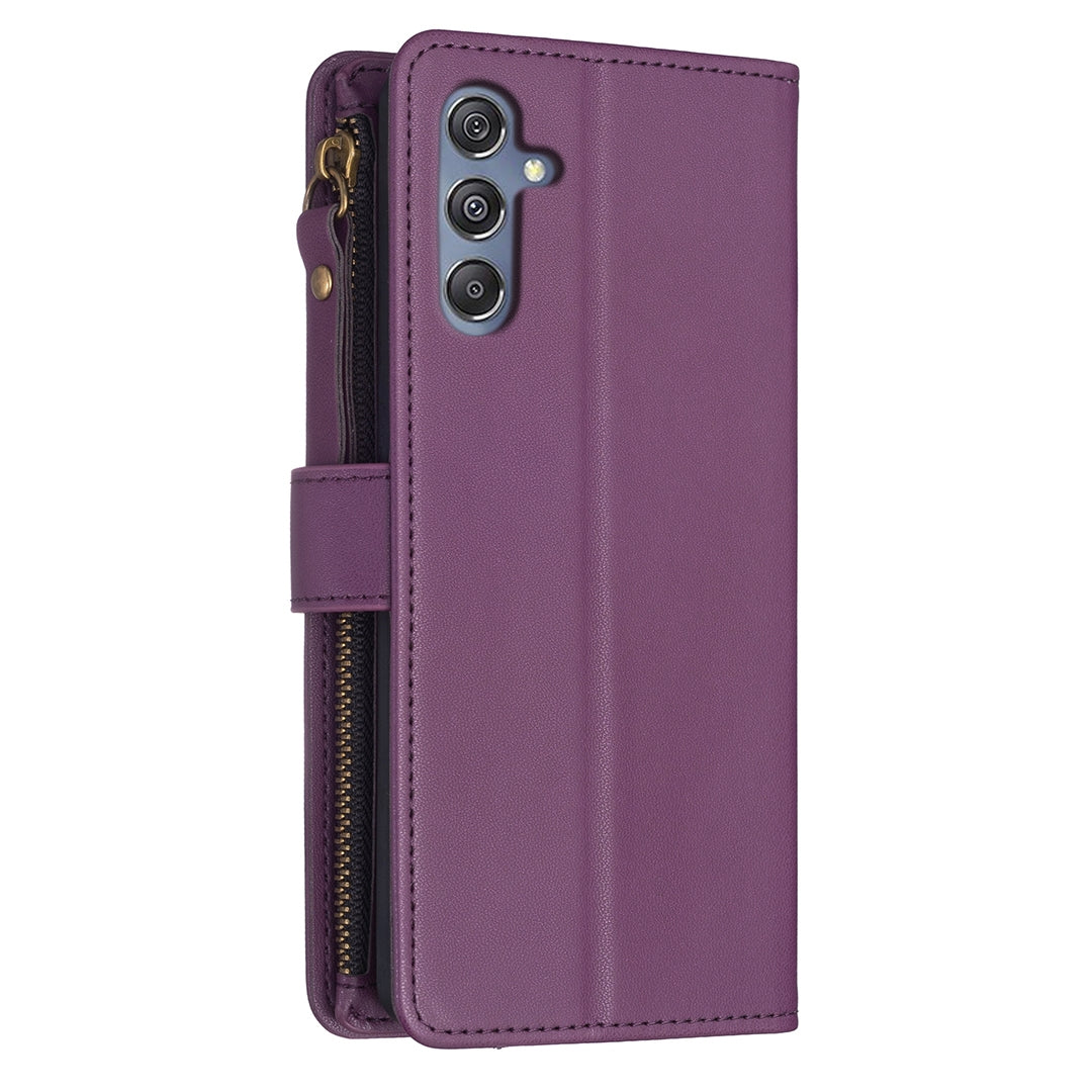Samsung Galaxy M34 5G Leather Flip Wallet Phone Case with 9 Card Slots, Zipper Compartment, and Adjustable Stand