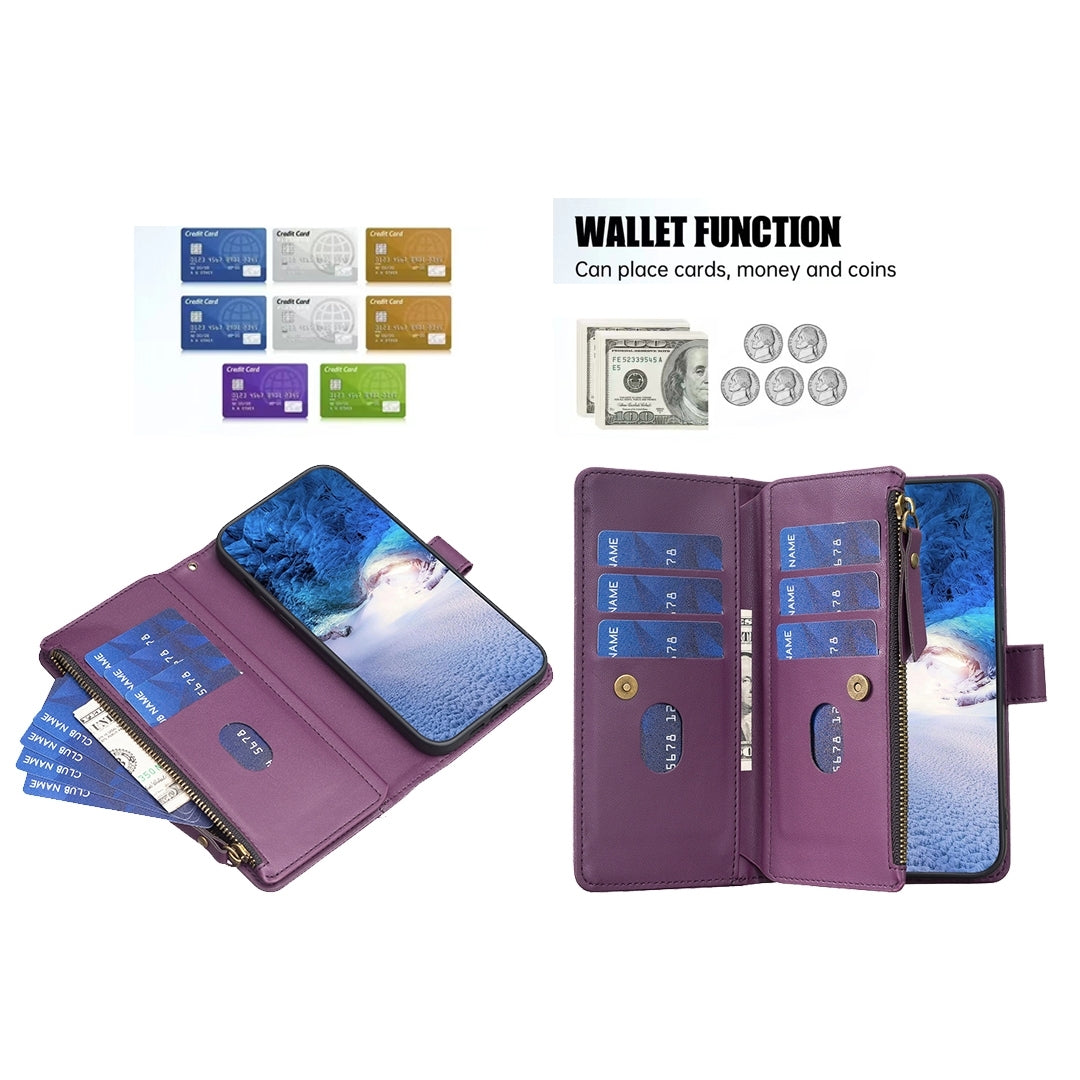 Samsung Galaxy A15 Leather Flip Wallet Phone Case with 9 Card Slots, Zipper Compartment, and Adjustable Stand