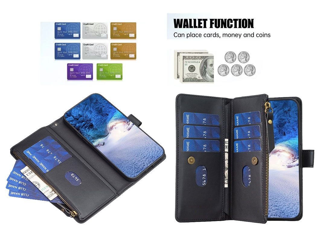 Samsung Galaxy S24+ 5G Leather Flip Wallet Phone Case with 9 Card Slots, Zipper Compartment, and Adjustable Stand