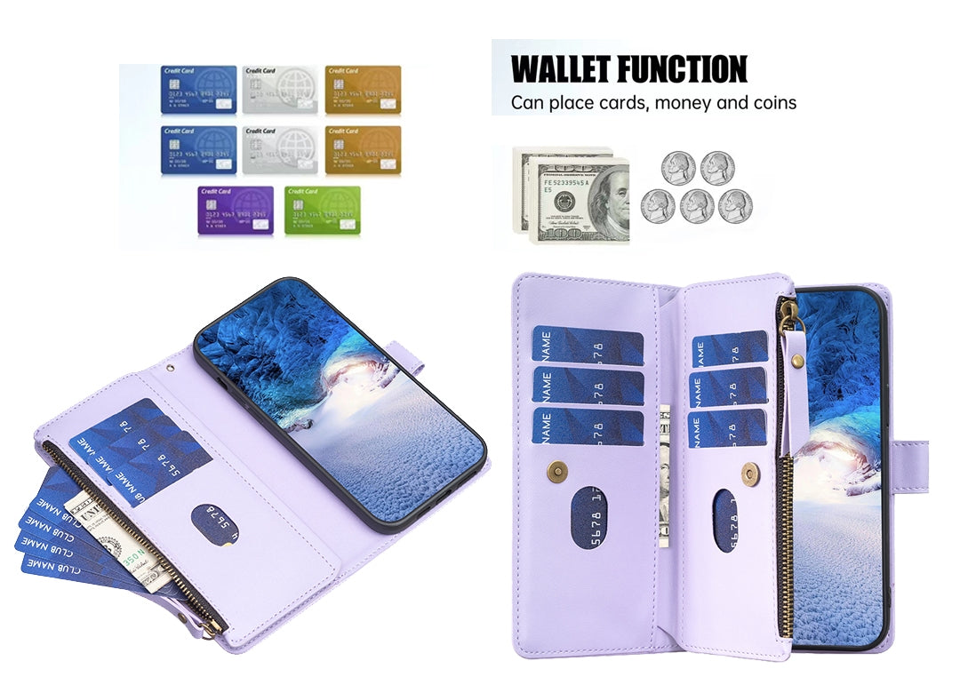 Samsung Galaxy S24+ 5G Leather Flip Wallet Phone Case with 9 Card Slots, Zipper Compartment, and Adjustable Stand