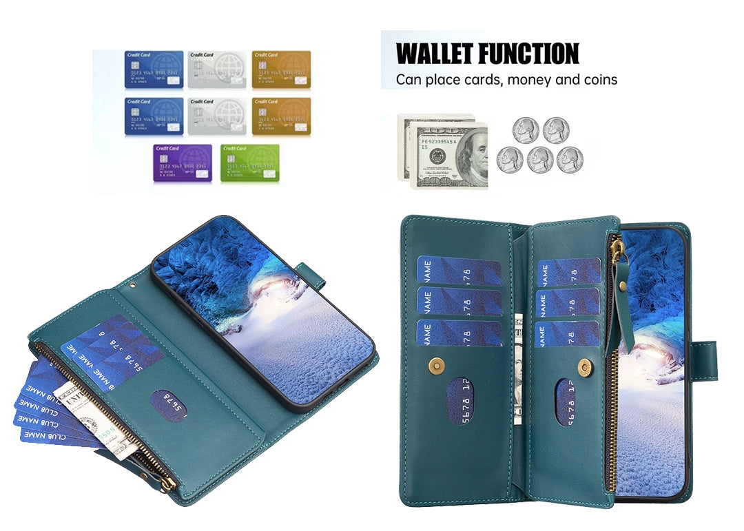 Samsung Galaxy S24 Ultra 5G Leather Flip Wallet Phone Case with 9 Card Slots, Zipper Compartment, and Adjustable Stand