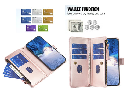 Samsung Galaxy S24 Ultra 5G Leather Flip Wallet Phone Case with 9 Card Slots, Zipper Compartment, and Adjustable Stand