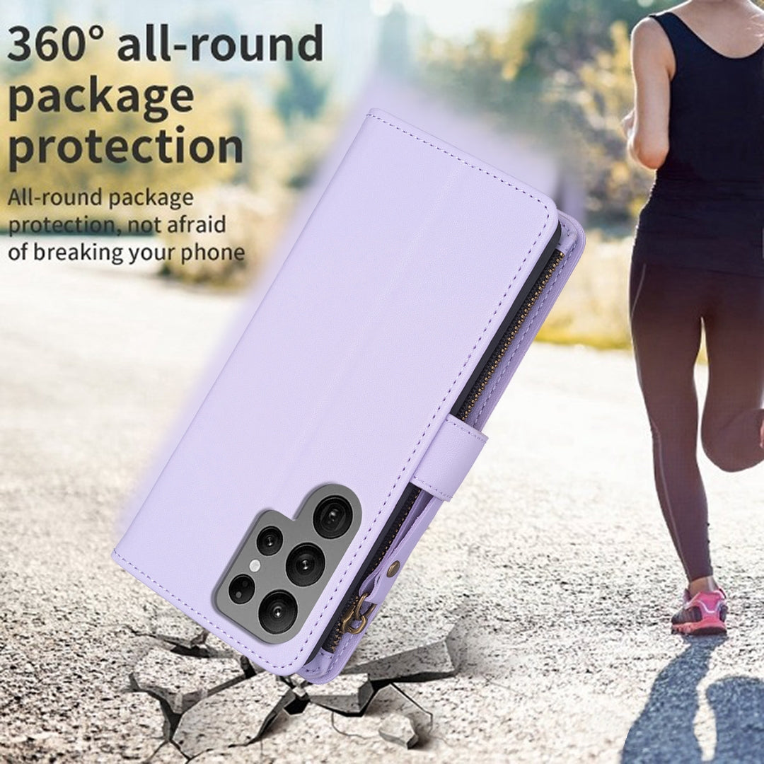 Samsung Galaxy S24 Ultra 5G Leather Flip Wallet Phone Case with 9 Card Slots, Zipper Compartment, and Adjustable Stand