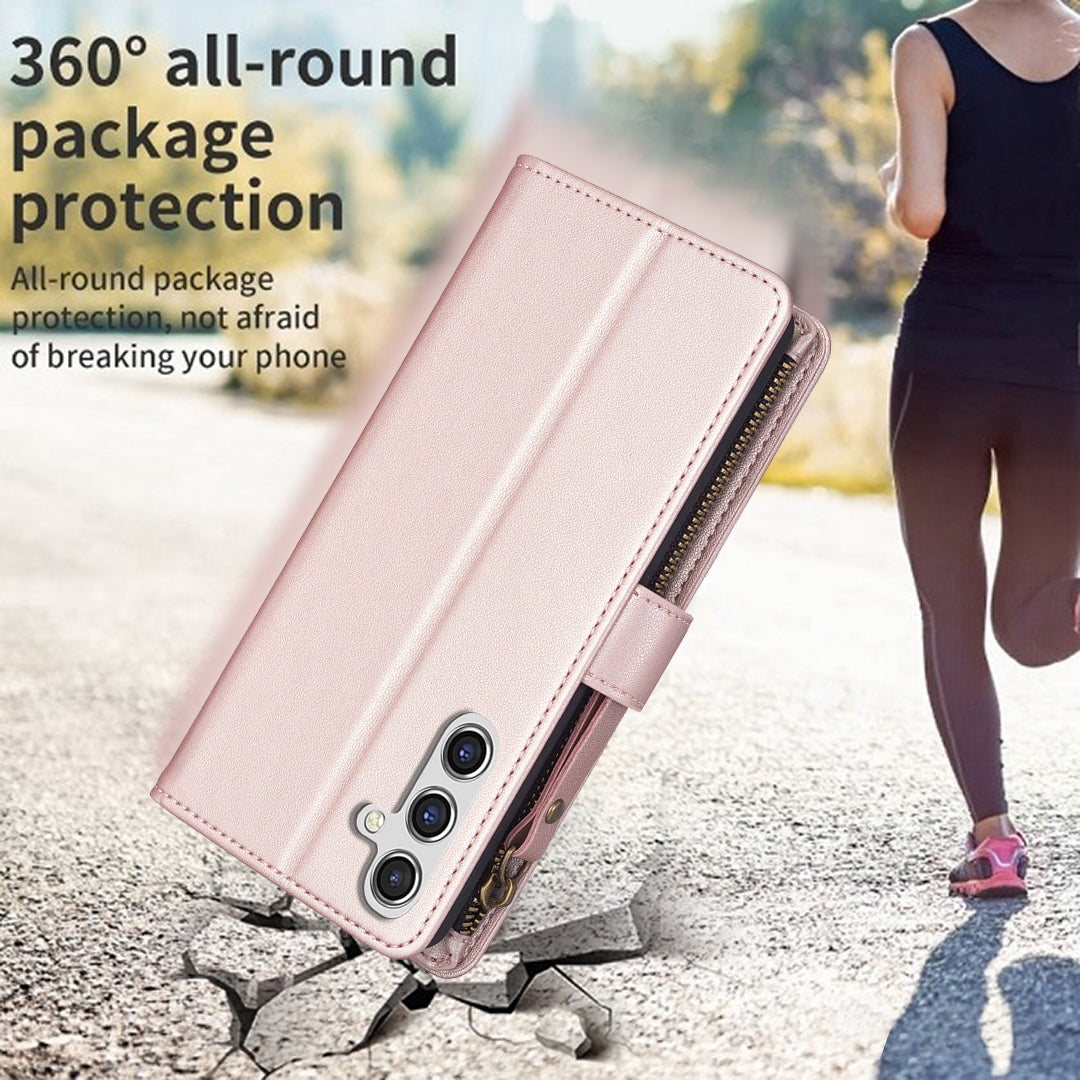 Samsung Galaxy A55 Leather Flip Wallet Phone Case with 9 Card Slots, Zipper Compartment, and Adjustable Stand