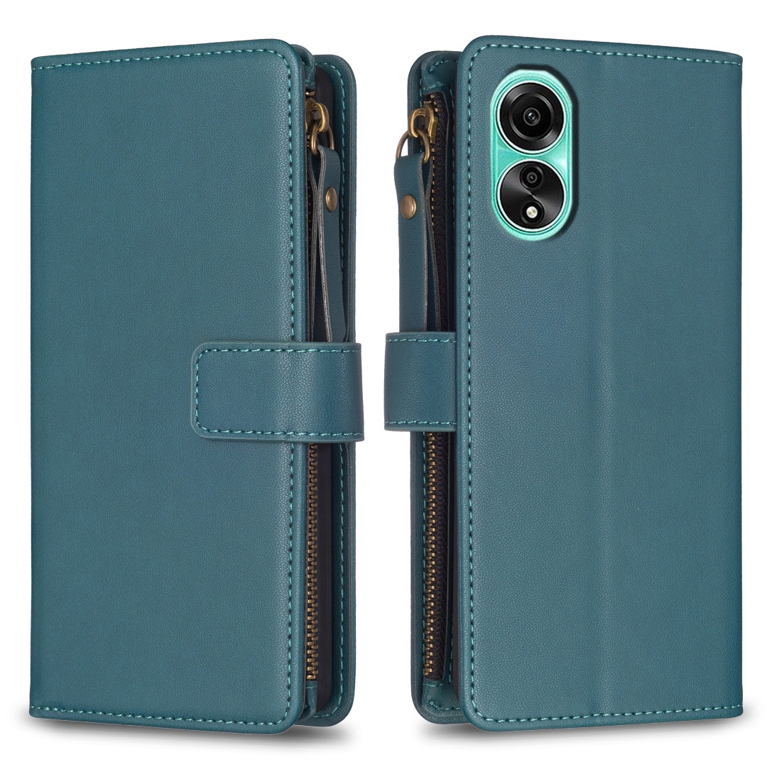 OPPO A78 4G Leather Flip Wallet Phone Case with 9 Card Slots, Zipper Compartment, and Adjustable Stand