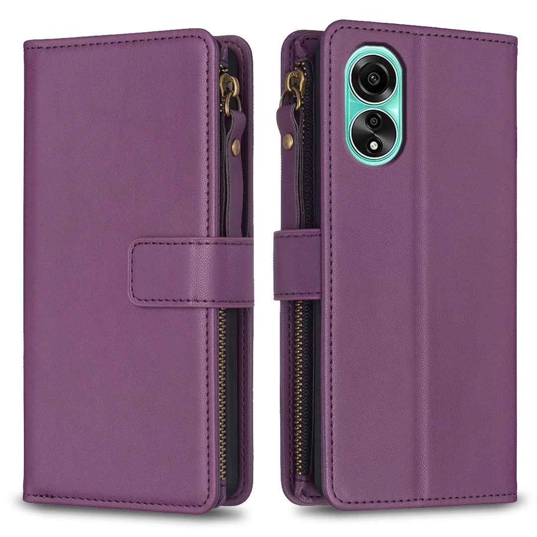 OPPO A78 4G Leather Flip Wallet Phone Case with 9 Card Slots, Zipper Compartment, and Adjustable Stand