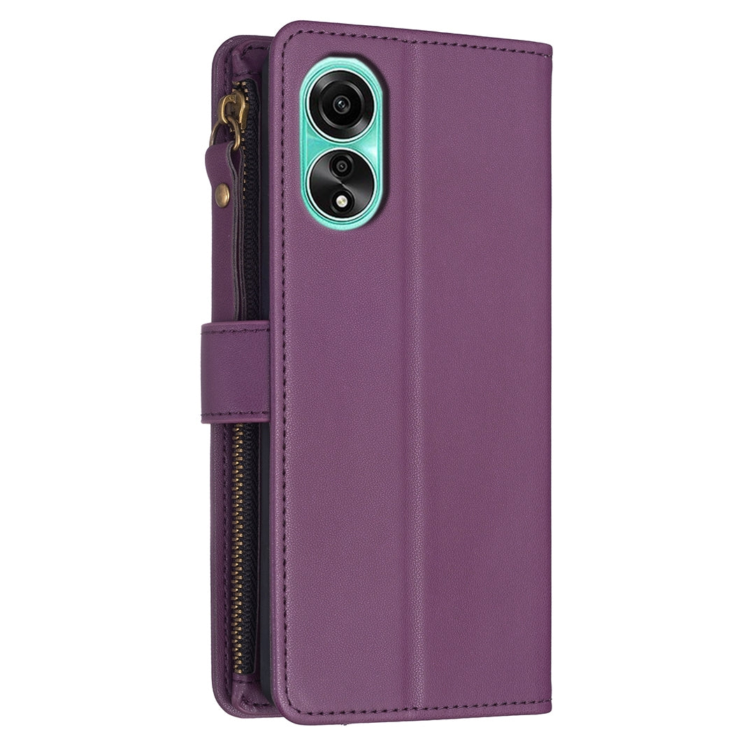 OPPO A78 4G Leather Flip Wallet Phone Case with 9 Card Slots, Zipper Compartment, and Adjustable Stand