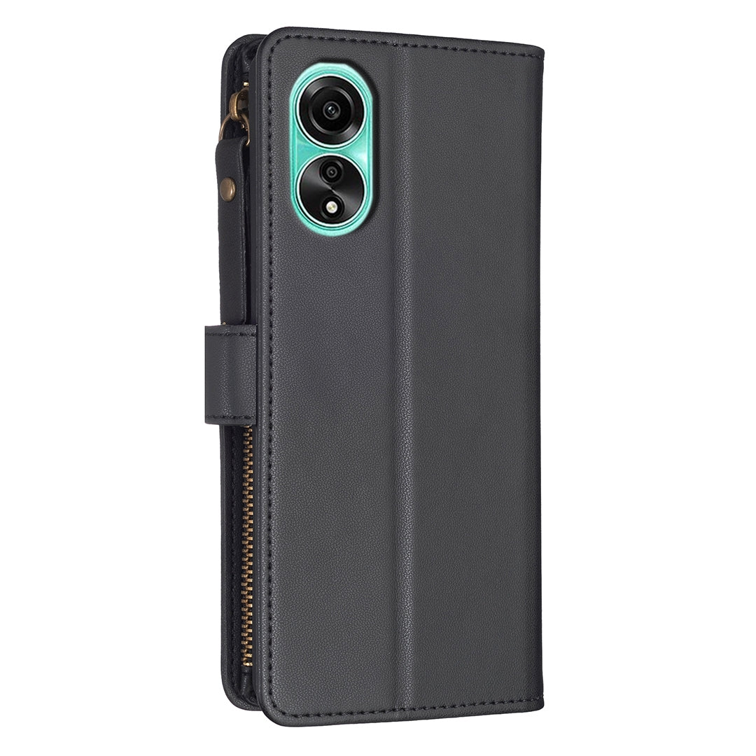 OPPO A78 4G Leather Flip Wallet Phone Case with 9 Card Slots, Zipper Compartment, and Adjustable Stand