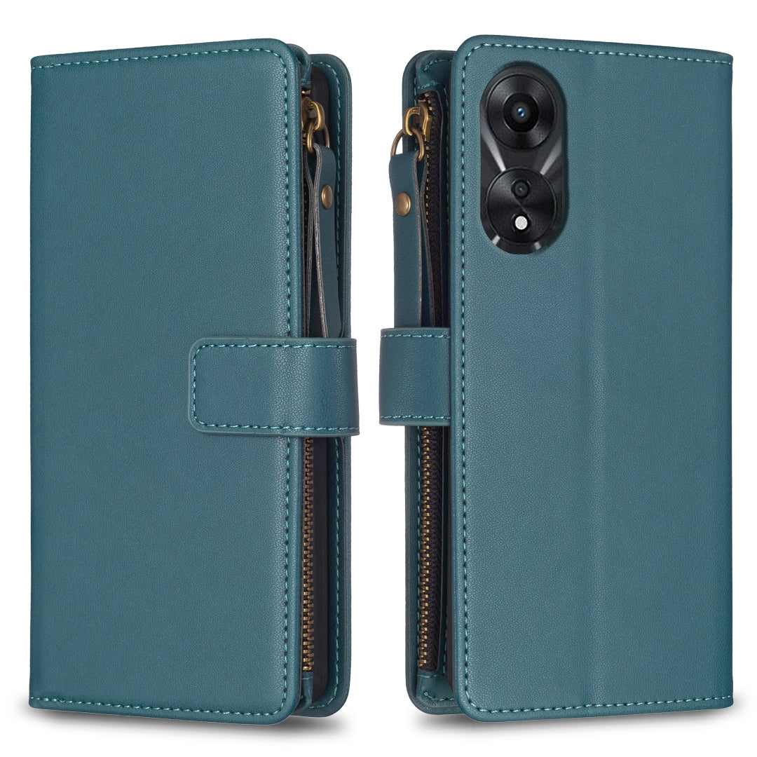 OPPO A78 5G Leather Flip Wallet Phone Case with 9 Card Slots, Zipper Compartment, and Adjustable Stand
