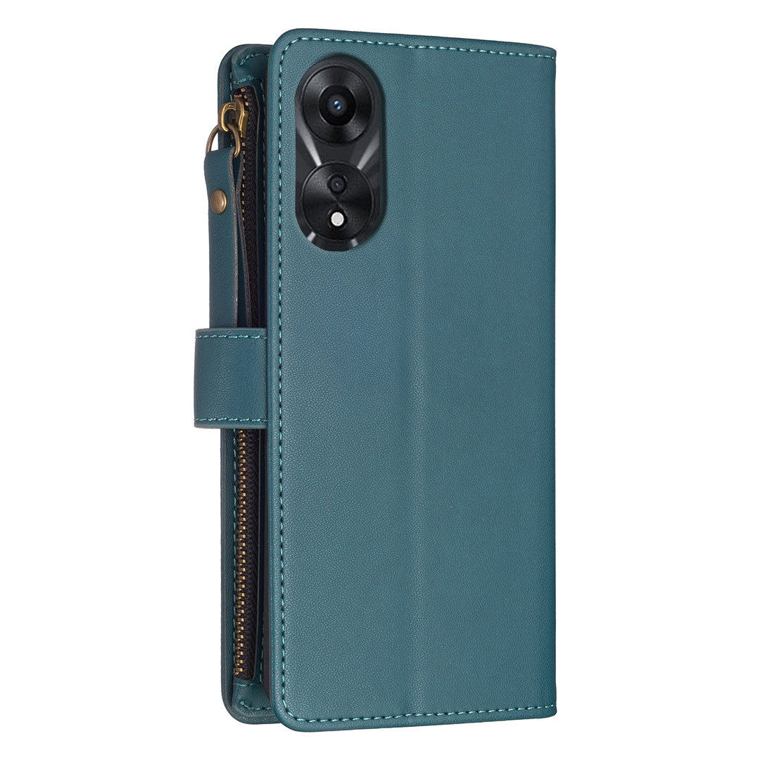 OPPO A78 5G Leather Flip Wallet Phone Case with 9 Card Slots, Zipper Compartment, and Adjustable Stand