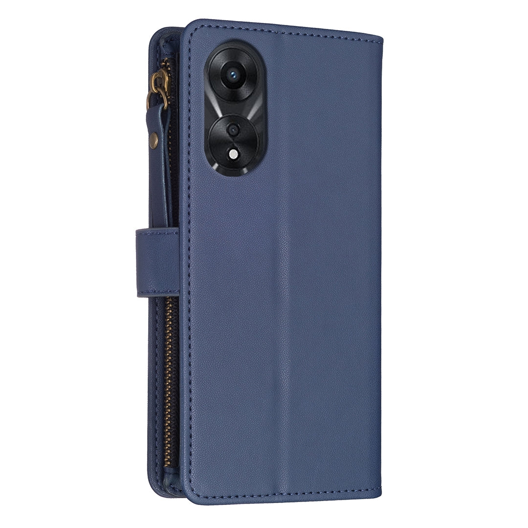 OPPO A78 5G Leather Flip Wallet Phone Case with 9 Card Slots, Zipper Compartment, and Adjustable Stand